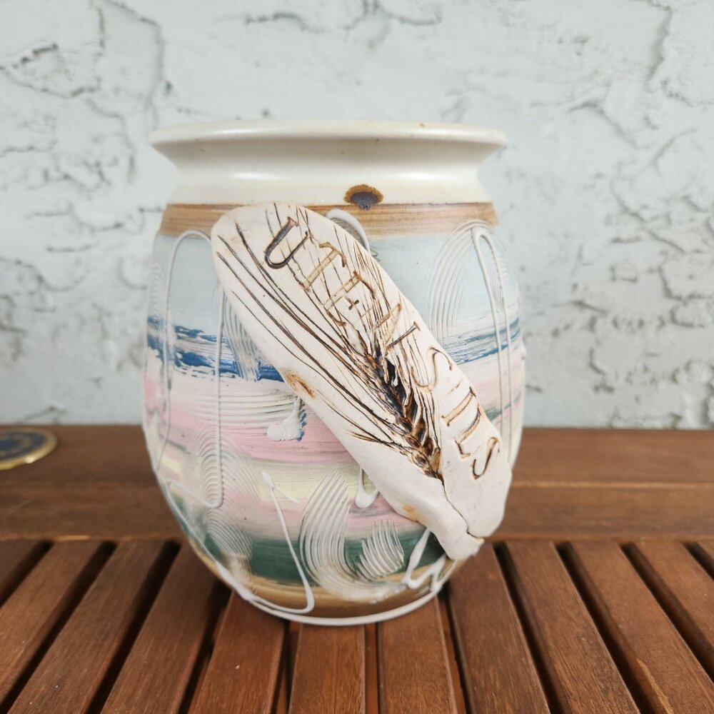 Handmade Ceramic Utensil Jar in Pastels by Sandy Dumba, 7" tall, 5" across